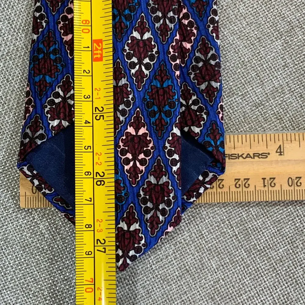 Adolfo Silk Necktie Blue Burgundy Medallion Damask Made in Italy Mens Tie